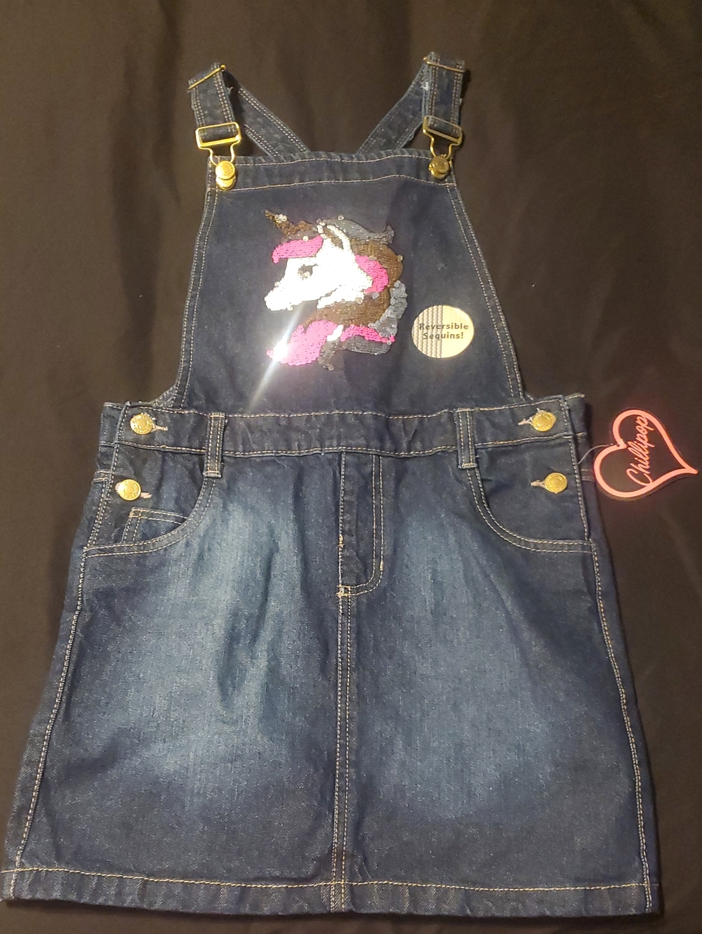 Children's Denim Overall Dress with Reversible Sequin Unicorn - Navy